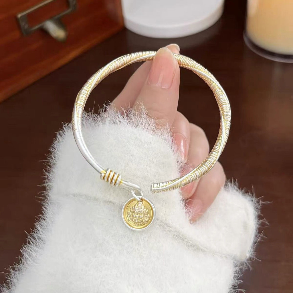 Gelang Perak Berlapis Emas Tradisional Perak Murni9999Perak Terbuka Solid Gaya Baru Cina
