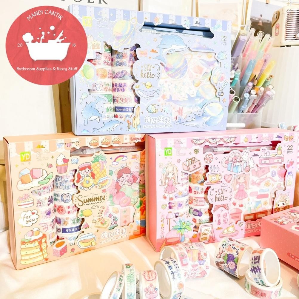 

Readyy!! Paket Stickers dengan washi tape selotip gambar dan pisau YD-SZKD pemotong stiker kado unik waran pastel isi 14 roll buah peach tosca pink biru