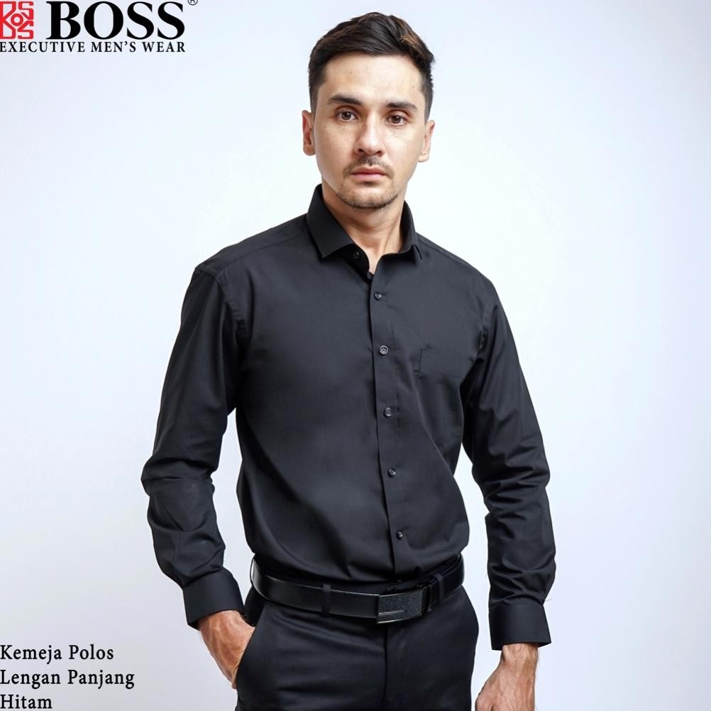 New BOSS Kemeja Polos Pria Lengan Panjang Hitam