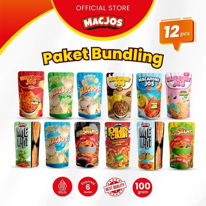 

SL MACARONI JOS Cemilan Paket Bundling 12pcs Makaroni Mie Lidi Pilus Cikur Makanan Kerupuk Seblak Basreng Keripik Tempe