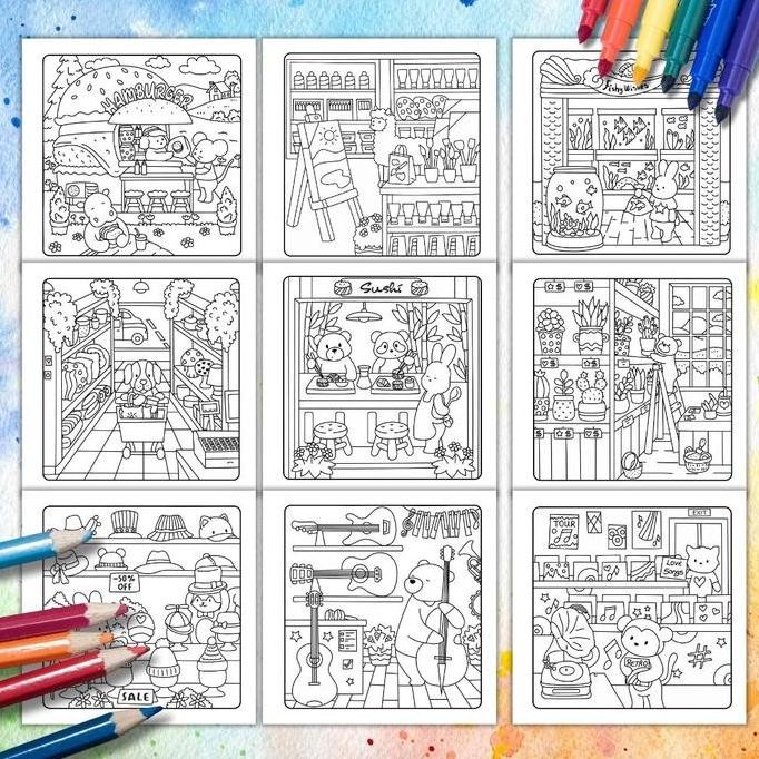 

CUTE SHOPS" Coloring Book for Kids and Adults, Buku mewarnai untuk Anak Remaja Dewasa, kertas tebal uk. 210x210, 25 halaman KJ