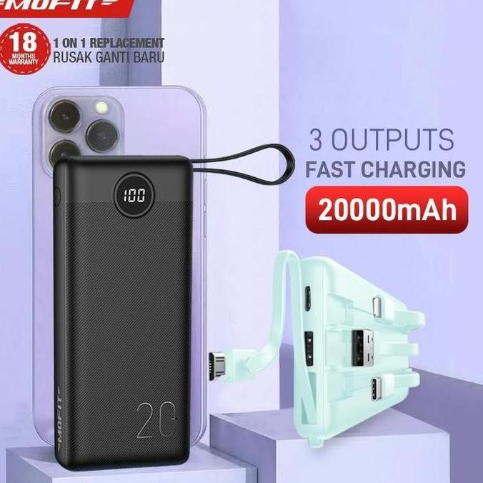 Powerbank MOFIT M26 20000mAh Build in Cable + Fast Charge 2.4A Real Capacity