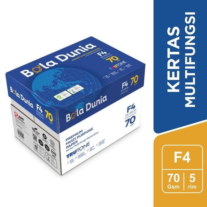 

NEW Bola Dunia Kertas Fotocopy 70 GSM F4 - 1 Boks = 5 Rim - BDA PC 70 F4