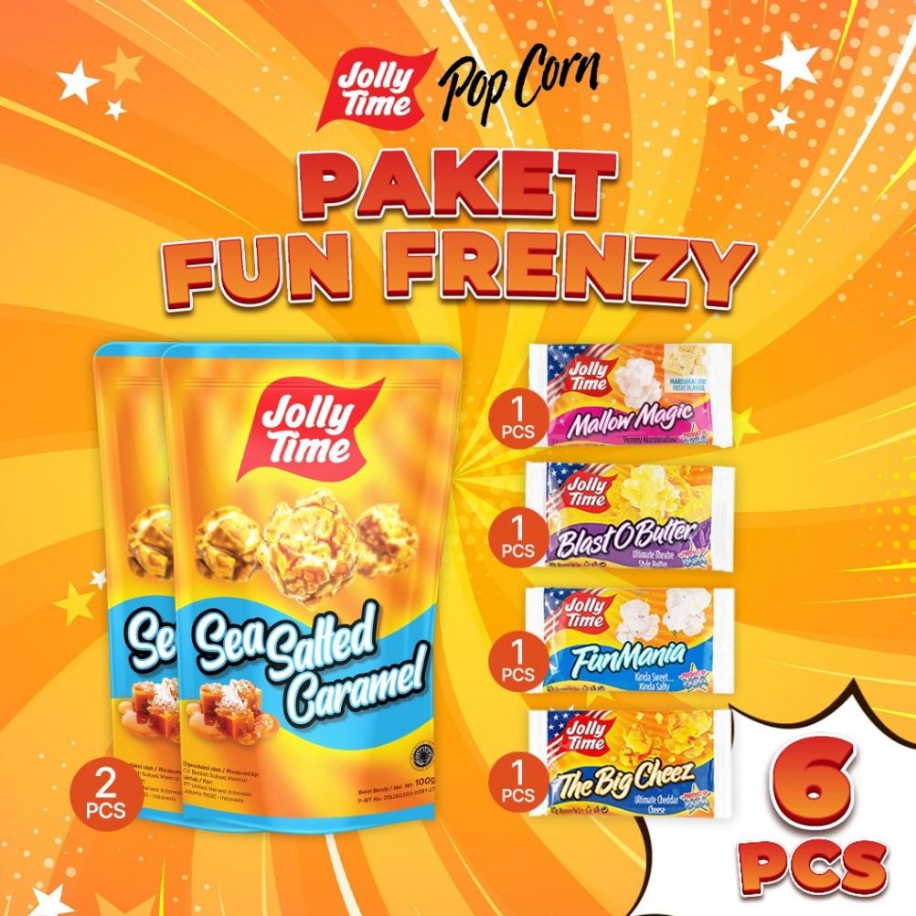 

Jolly Time Popcorn - Paket Fun Frenzy (2 pcs Sea Salted Caramel, 1TBC, 1BOB, 1FM, 1MM) -Live