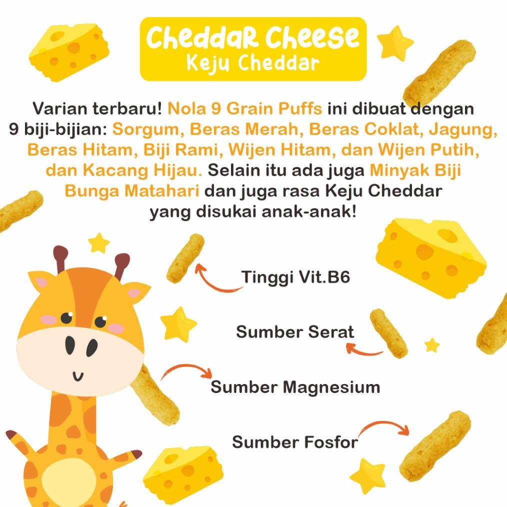 

Bundle Hemat 20 PCS Nola 9 Grain Puffs Cheddar Cheese (Rasa Keju Cheddar) @25 Gram
