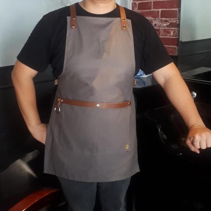 TERMURAH - Apron Tali Silang Canvas + Sintetic Leather - Celemek Barista / Barist