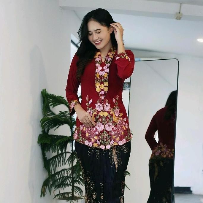 Kebaya Bordir Lengan panjang Encim Melar Getah - Jersey Premium Impor Korea - Panjang, Baju Baju Ata