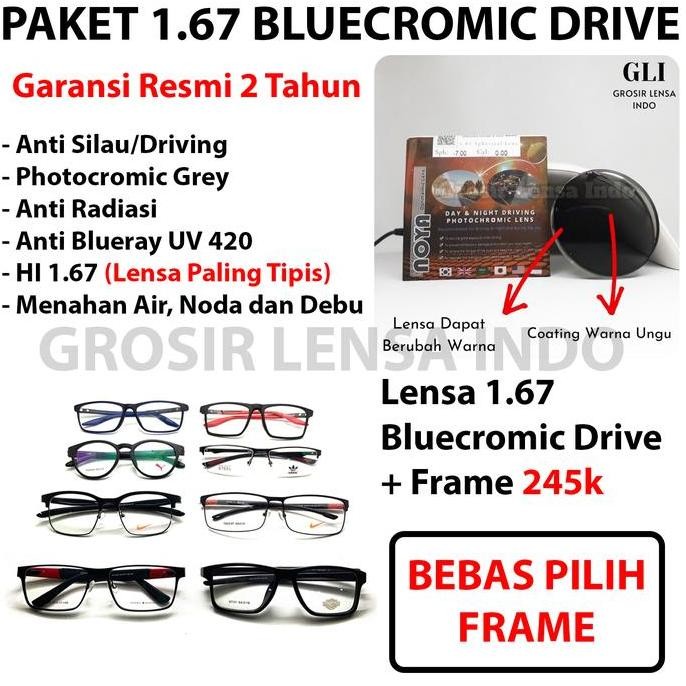 Lensa Kacamata Paket 1.67 Bluecromic Drive + Frame 245k