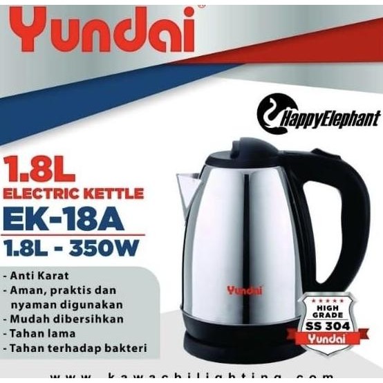 YUNDAI ELECTRIC KETTLE TEKO PEMANAS LISTRIK OTOMATIS STAINLESS 1.8 Ltr