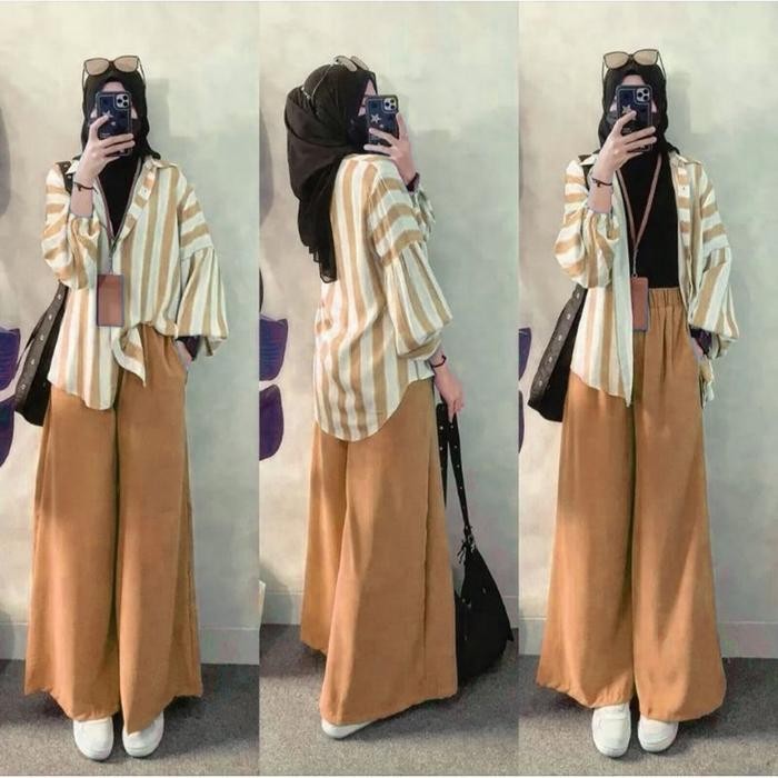 Namira Strip One Set Kulot | Setelan  Tunik Baju Atasan Muslim Oversize Crinkle Airflow Motif Celana
