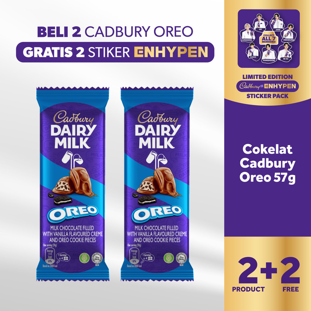 

[B2G2] Beli 2pcs Cadbury Oreo 57gr, GRATIS 2pcs Sticker Enhypen [LIMITED EDITION] | Cokelat Susu Original Premium Cemilan Favorit Keluarga