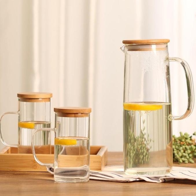 ZENGelas Handle Wood Cover 350ml Gelas Cantik Gelas Tinggi Glass Jug Set Wood Cover HC