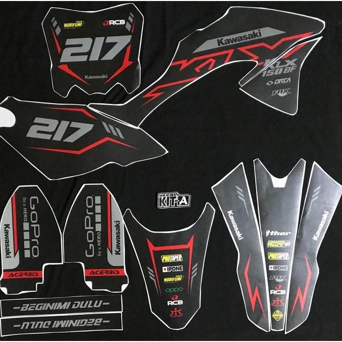 Stiker decal motor klx 150 bf terbaru Stiker decal motor klx 150 bf terbaru WARNA HITAM LIST GOLD KE