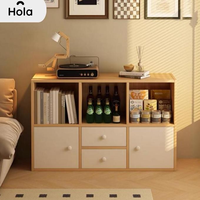 Lemari Buku Laci Tutup Slot Luas Kayu Kokoh Minimalis Serbaguna