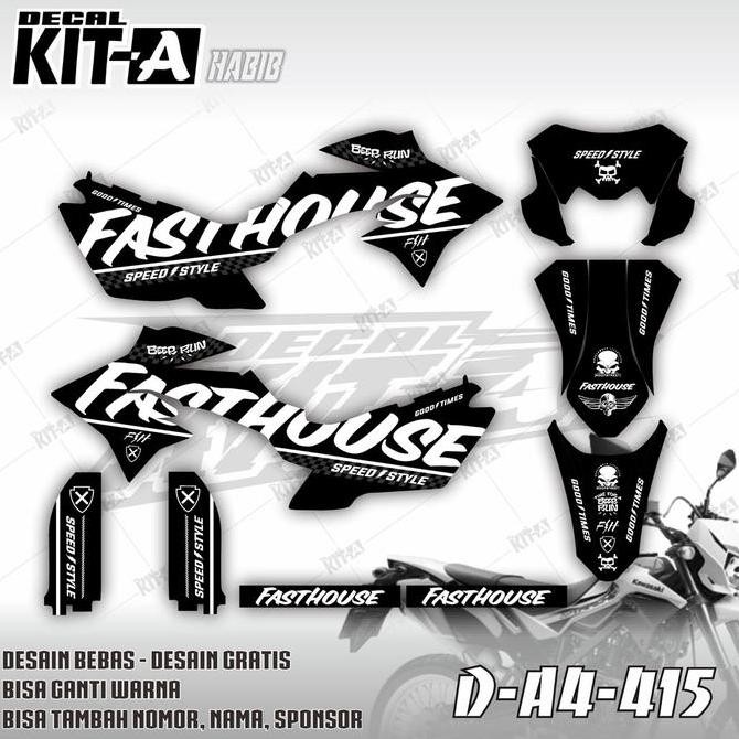 decal sticker striping KLX New dtracker Motif FASTHOUSE Hitam Putih D-A4-415