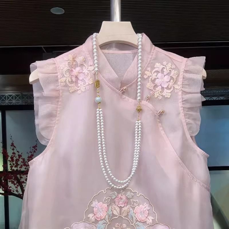 Tanpa Lengan Kerah Berdiri Bordir Baru T Baju Wanita KAOS