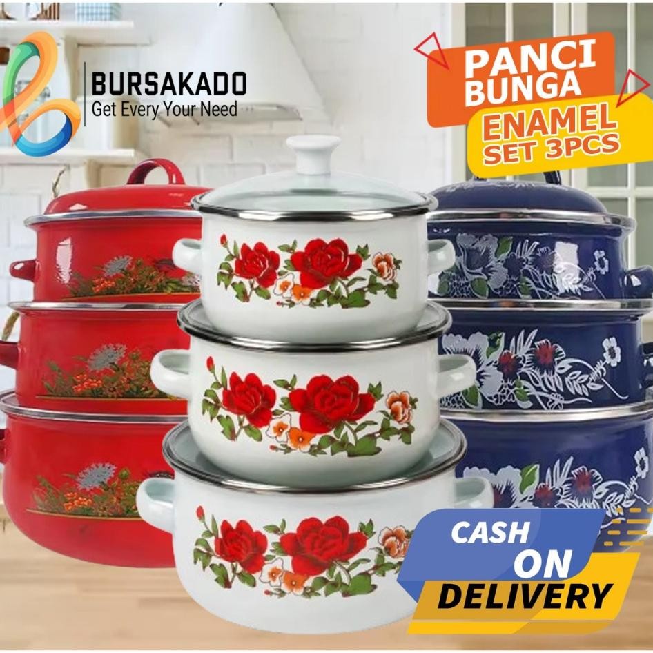 Panci Bunga Calypso 3 Susun Panci Enamel Bunga Set 3Pcs