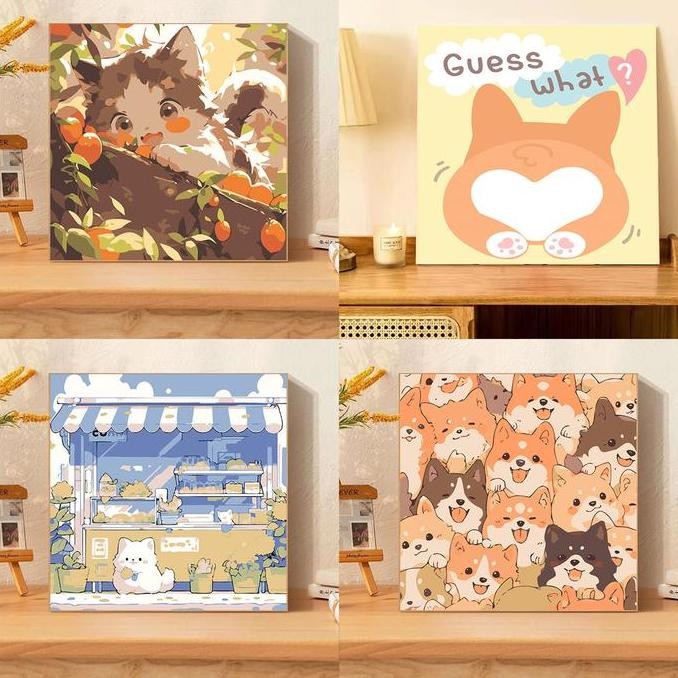 

20X20 Canvas Paint By Number Kit Diy Lukisan Seri O Animal Anjing Kucing Corgi Kartun