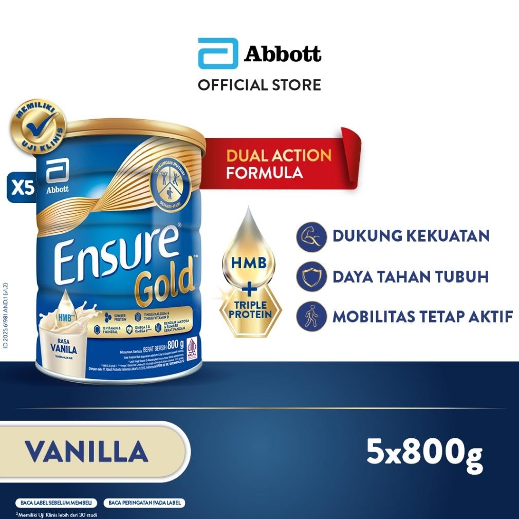 

NO_MORE Ensure Gold HMB Vanila 800 g - Nutrisi Dewasa Rendah Laktosa - 5 pcs
