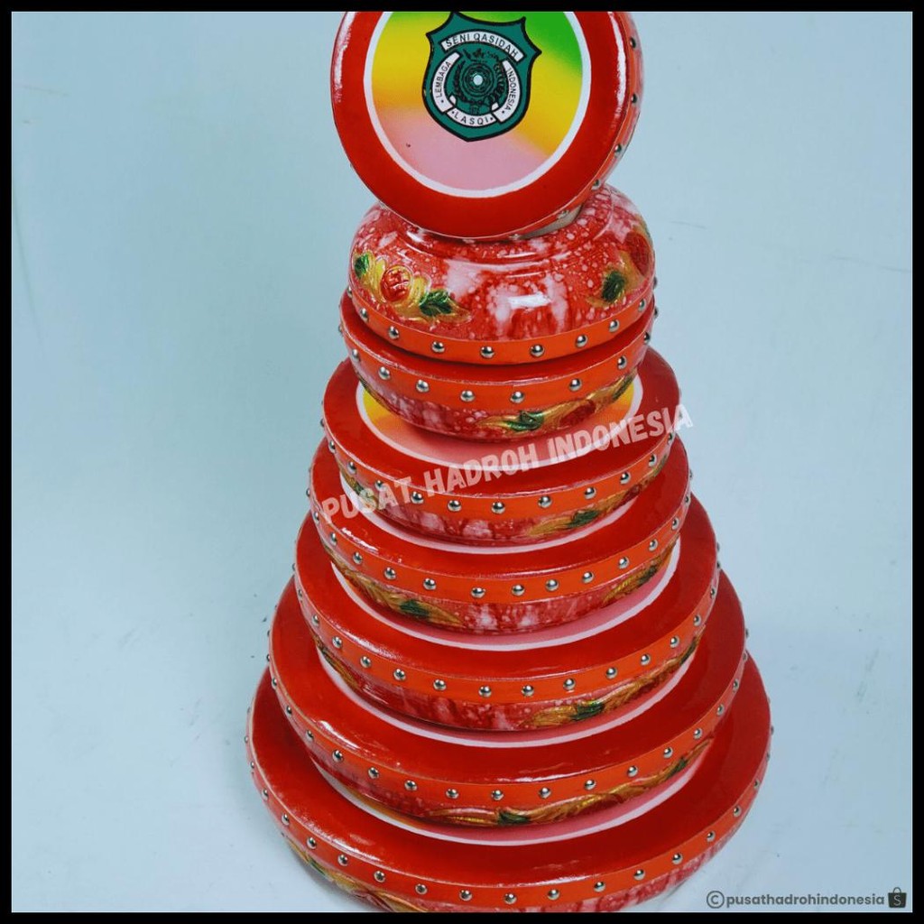 REBANA QASIDAH UKIR MOTIF KERAMIK MERAH 1 SET ISI 10 REBANA HADROH BANJARI TERBANGAN LASQI FULLSET S