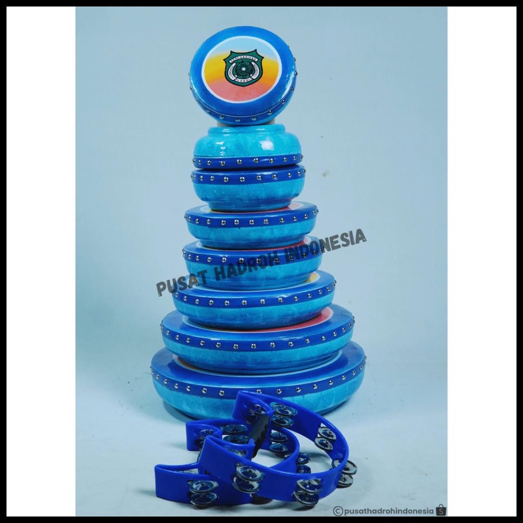 REBANA QASIDAH MOTIF KERAMIK BIRU 1 SET ISI 10 REBANA HADROH BANJARI TERBANGAN LASQI FULLSET SUSUN 8