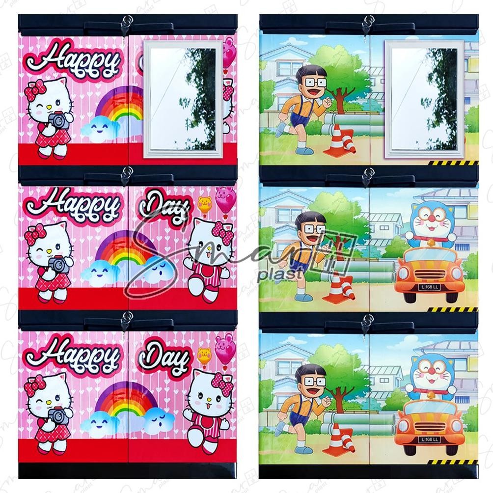 LEMARI Plastik 3 4 Susun Tingkat Mini Jumbo Rak Baju Pakaian Kabinet Mini Kaca Cermin Karakter Hello