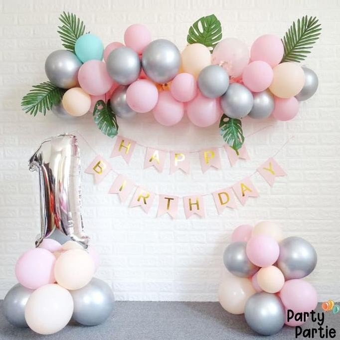 [Arch Set] Flag Leaf Silver Pink Yellow Chain Balloon