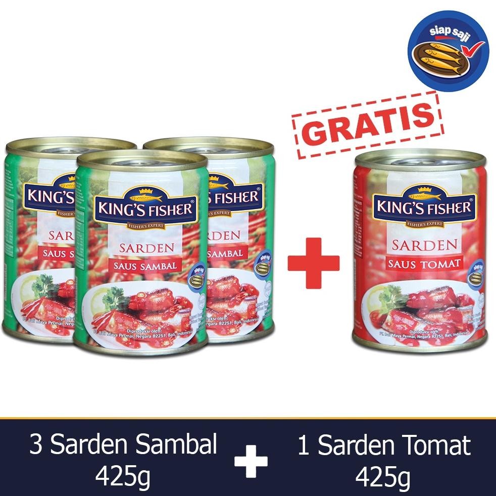 

NO_MORE King's Fisher Paket 4 pcs Sarden saus Tomat Sambal 425g Makanan Kaleng
