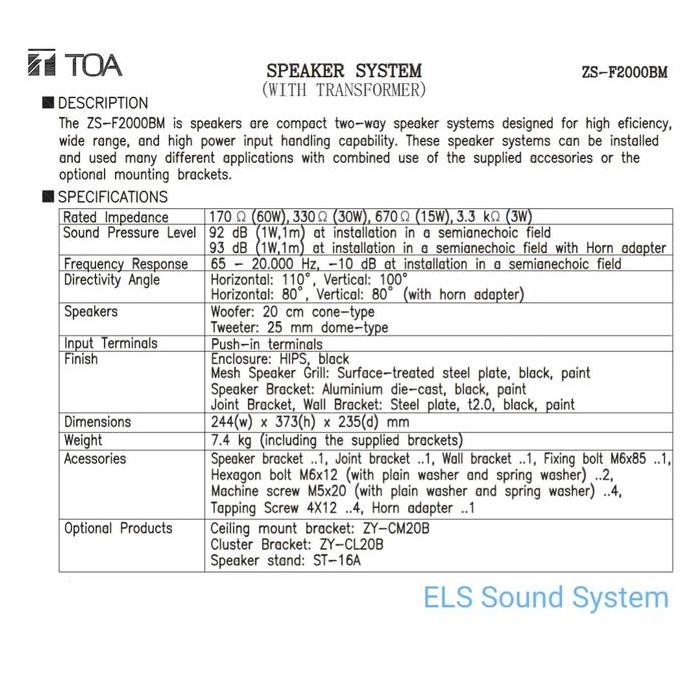 Promo Speaker Toa Zs-F2000Bm Zsf2000Bm Zs-F2000 Bm Zsf2000 Bm Zsf 2000 Bm