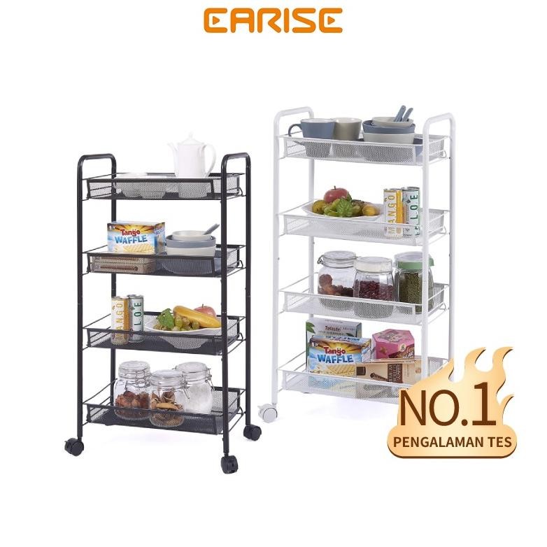 EARISE Rak Lantai Rak Troli Dorong 3 susun besi Rak penyimpanan Tingkat Rak Bumbu Dapur Sayur Troley