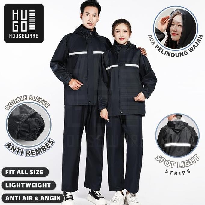 ORI - JAS HUJAN PRIA WANITA TEBAL ANTI ANGIN ELASTIS ZIPPER PREMIUM HUGO