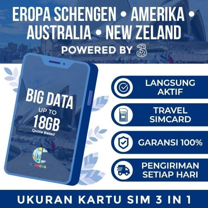NEW Simcard Eropa 4G Sim Card Europe Schengen Provider Three 3 UK