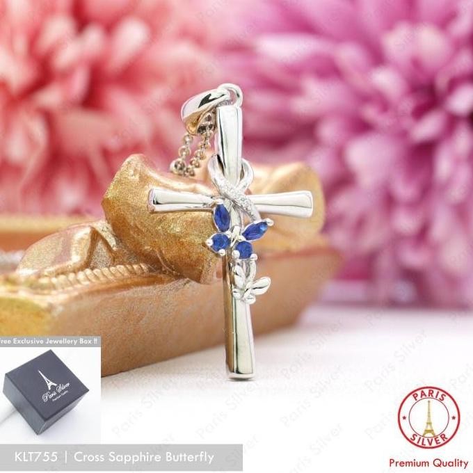 Kalung Salib Kupu-Kupu Safir Perak Asli Silver 925 Lapis Emas Putih Wanita Liontin Blue Sapphire But