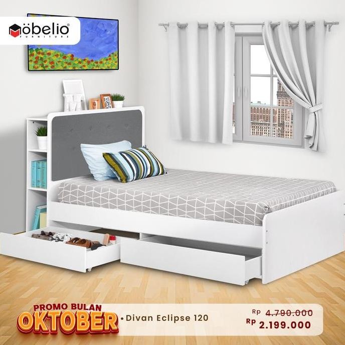 Ranjang Kasur Dipan Single Scandinavian White Minimalis Dengan Laci