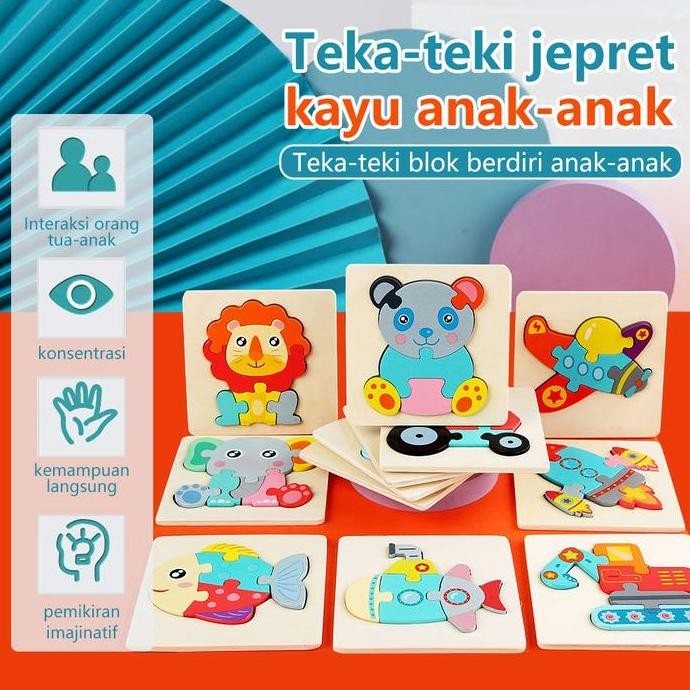 BAMBINO Mainan kayu puzzle hewan 3D Timbul wooden puzzle mainan edukasi anak Permainan Plastik Perma