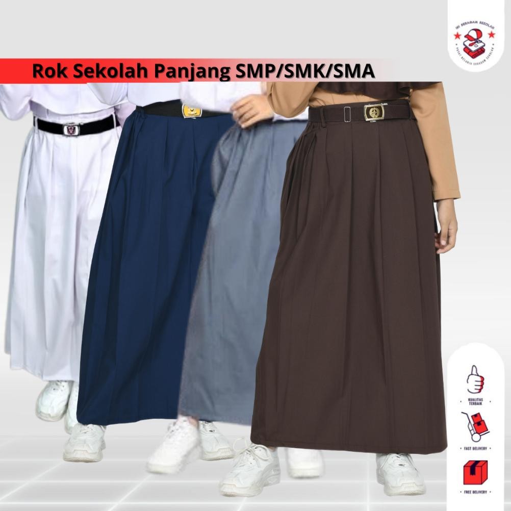 Seragam Sekolah SMP SMA SMK Rok Rempel Panjang Pinggang Karet Warna Biru Putih Coklat Pramuka cewek