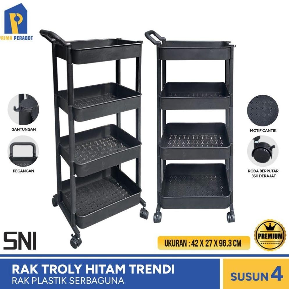 Rak Trendi Rak Roda Serbaguna Susun 4 Hitam