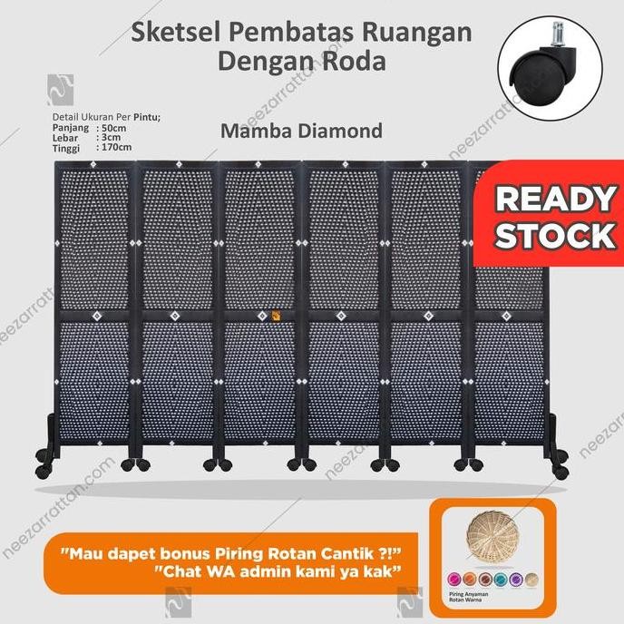 Sketsel Partisi Pembatas Penyekat Ruangan 3 pintu Pakai Roda