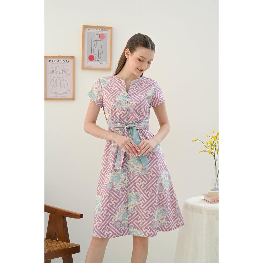 DRESS BATIK WANITA MOTIF BUNGA / BAJU BATIK KANTOR WARNA PASTEL - 303 WIK LILAC