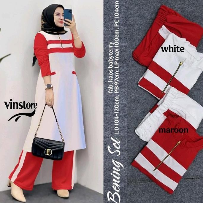 (Allthebest) Bening Set Olahraga Merah Putih Setelan Olahraga Wanita Muslim Baju Olahraga Agustusan 