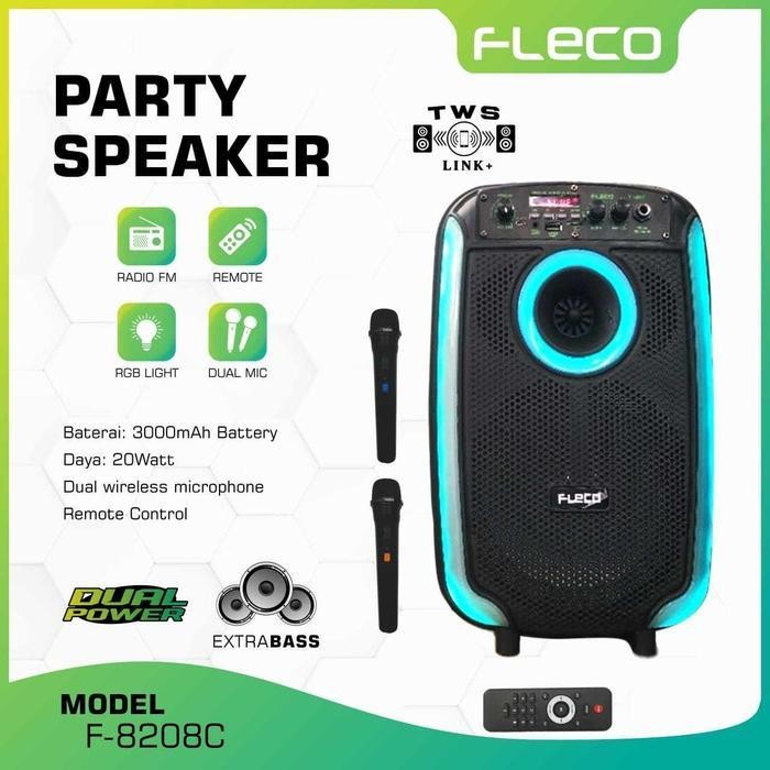 Speaker Karaoke Bluetooth Portable 8.5" True Wireless Party Speakers Fleco F8208C / Fleco F 8208C + 