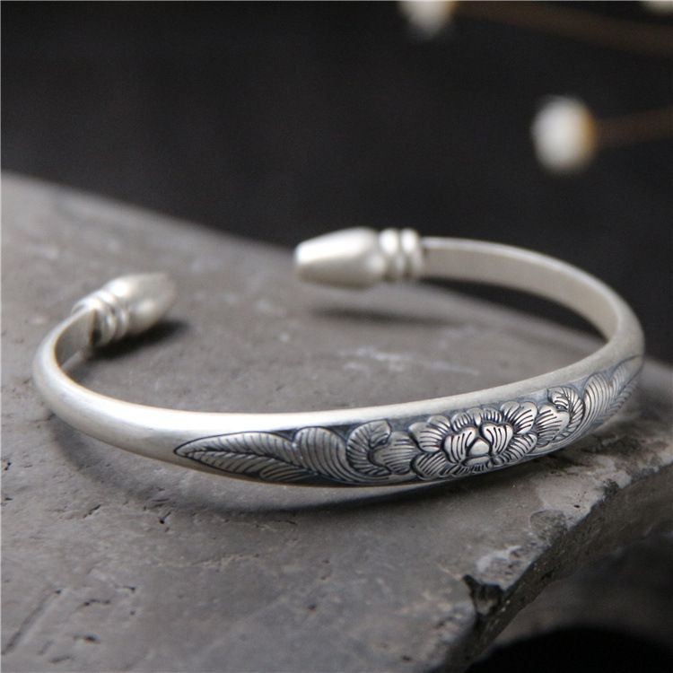 Gelang Bunga Peony Kaya Gaya Etnik Vintage Wanita Berlapis925Gelang Perak