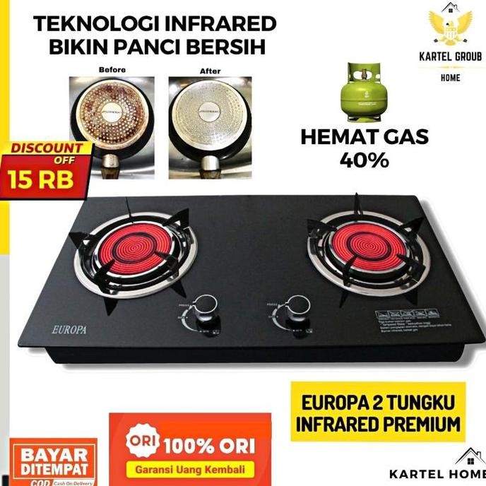 (cook) EUROPA Kompor Tanam Kaca 2 Tungku Infrared Hemat Gas LPG 40% Tempered