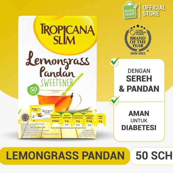 

Baru Tropicana Slim Sweetener Lemongrass Pandan 50 Sachet - Rasa Unik & Alami