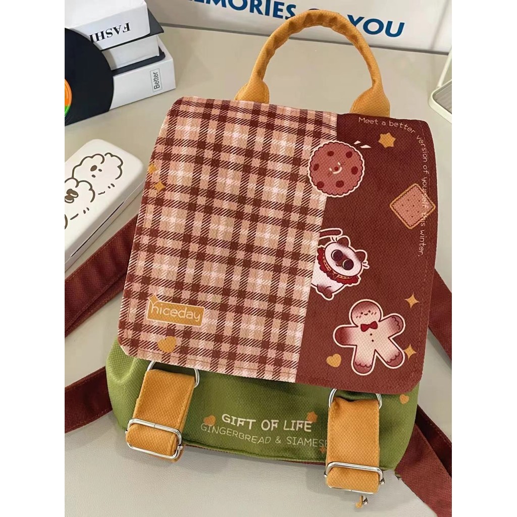 TasBagus COD Ransel Wanita Kanvas Niche Tren Retro Amerika Lucu Mini Serbaguna Tas Sekolah Kecil