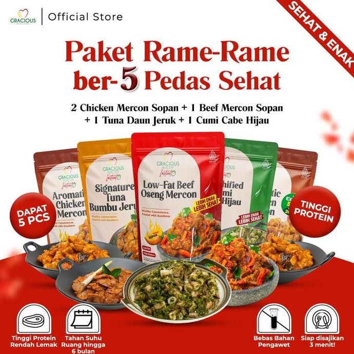 

Paket Ber-5 Pedas Sehat | 2 Chicken Sopan + 1 Beef Sopan + 1 Tuna + 1 Cumi Cabe Hijau