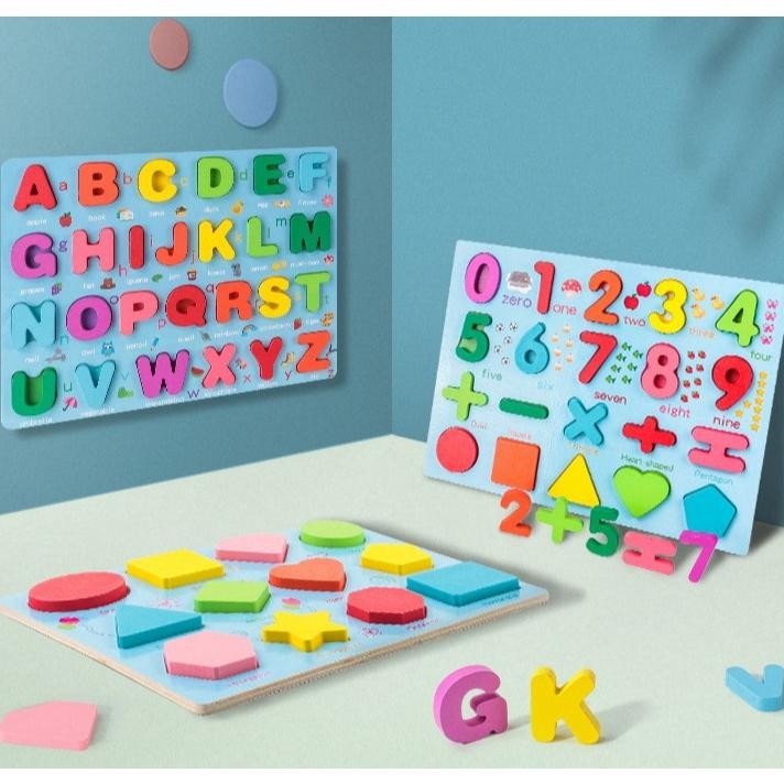 Puzzle Kayu Anak Abc 123 Chunky Puzzle Pastel Wooden Puzzle 3D Puzzle Geometri