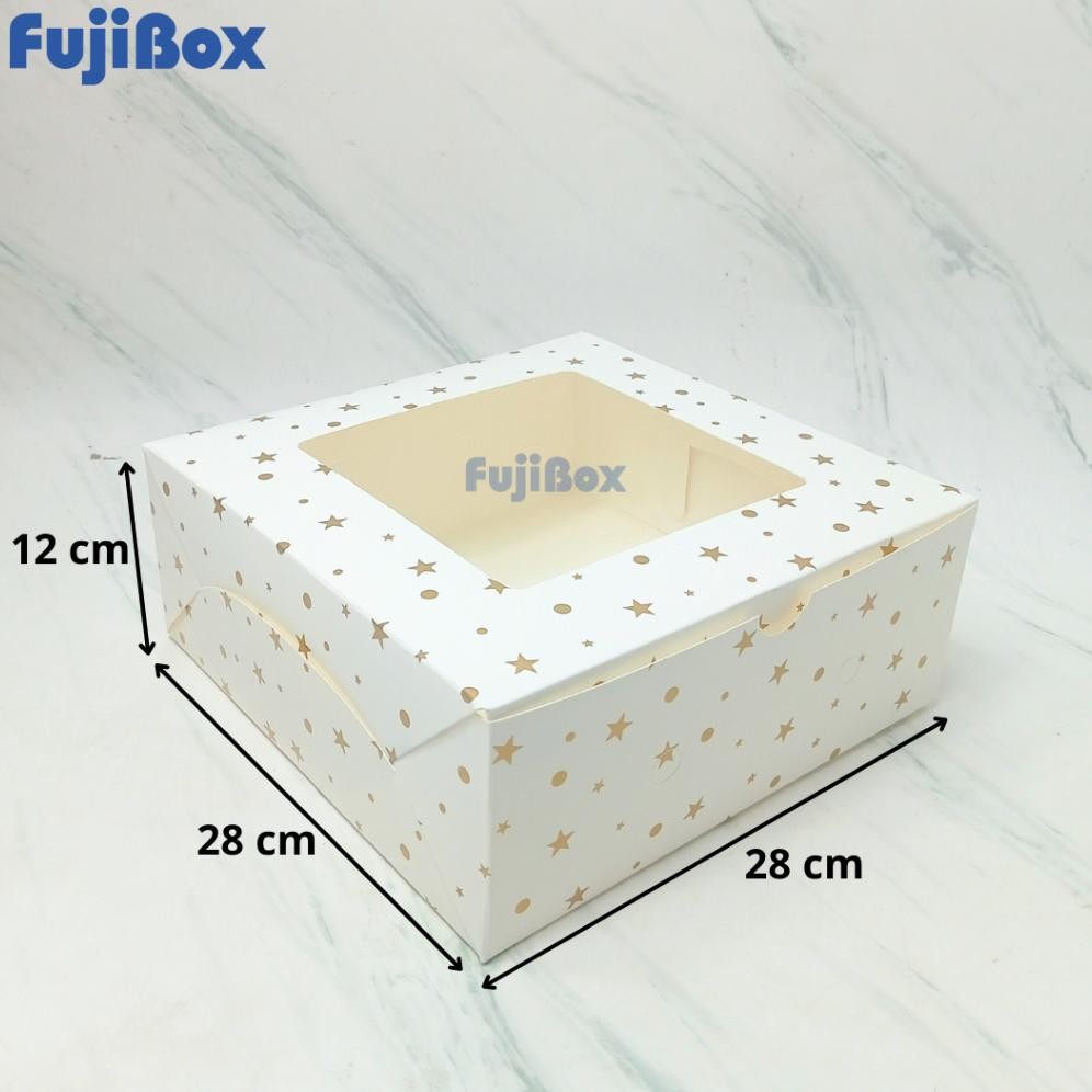 

(10 Pcs) Fuji Box Dus Kotak Kue Ivory Motif Polkadot Bintang Emas 28 cm x 28 cm x 12 cm Putih Ivory Premium Jendela aSt