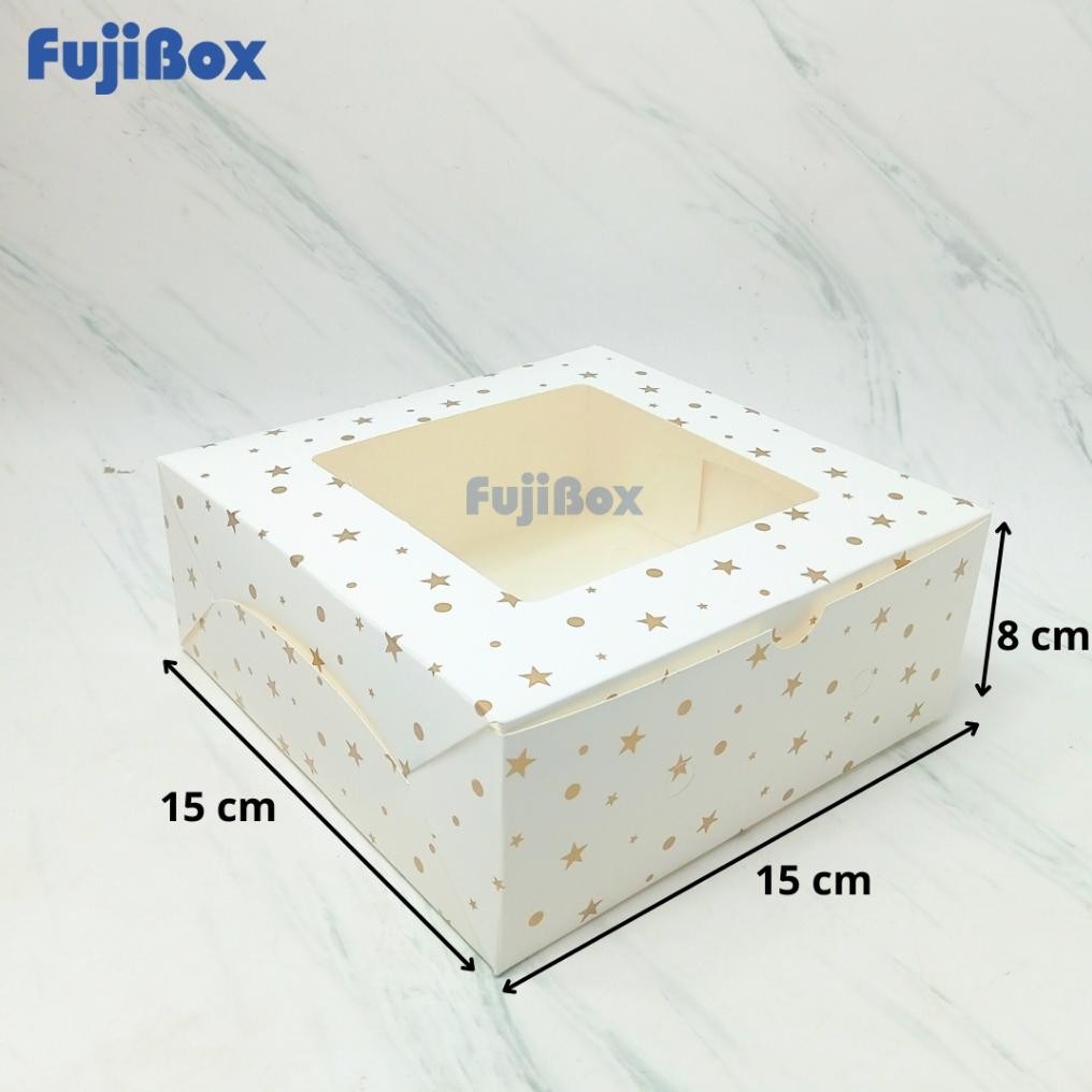 

(10 Pcs) Fuji Box Dus Kotak Kue Ivory Motif Polkadot Bintang Emas 15 cm x 15 cm x 7 cm Putih Ivory Premium Jendela aSt
