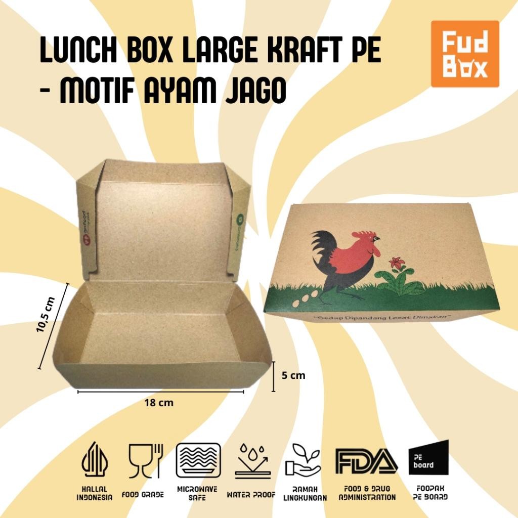 

(1Pack= 50Pcs)Lunch Box L/ Box Ayam Geprek/Kraft Pe/Paper Lunch Box/Bungkus Makanan Motif Ayam Jago